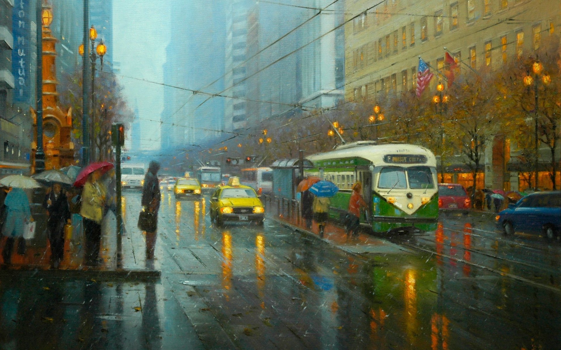 2023/05/75802-painting-art-po-pin-lin-street-city-rain-tram-people-umbrellas-taxi-lights-lamps-lights-cars-road-wire-flags-america